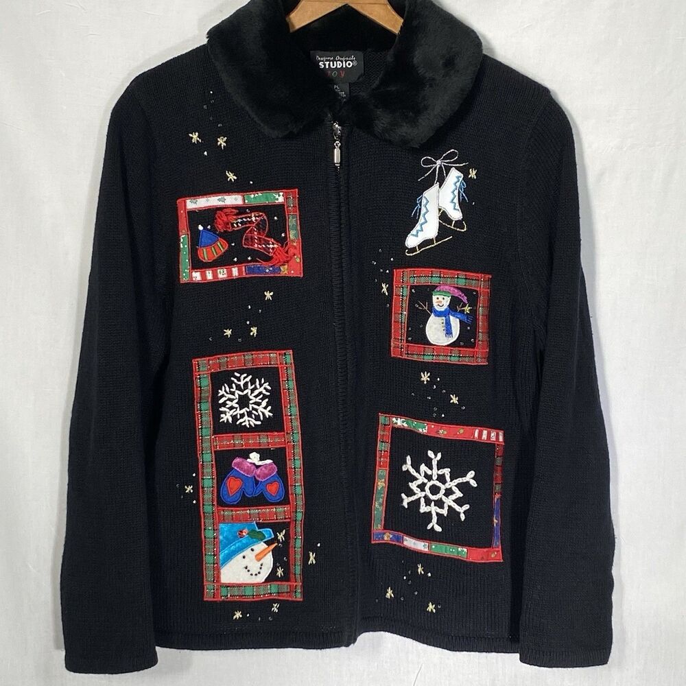 STUDIO JOY Sweater Cardigan Beaded Faux Fur Winter Zip Women PL Petite L Black